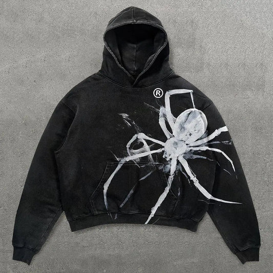 Vintage spider graphic acid-washed oversized hoodie by RetailPlug, showing the front view with a bold spider design.
