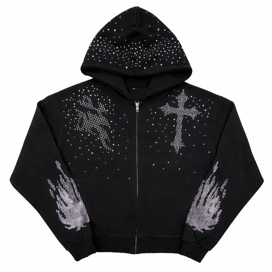 Black rhinestone zip-up hoodie by RetailPlug, oversized Y2K vintage streetwear unisex hoodie with sparkling rhinestone details.