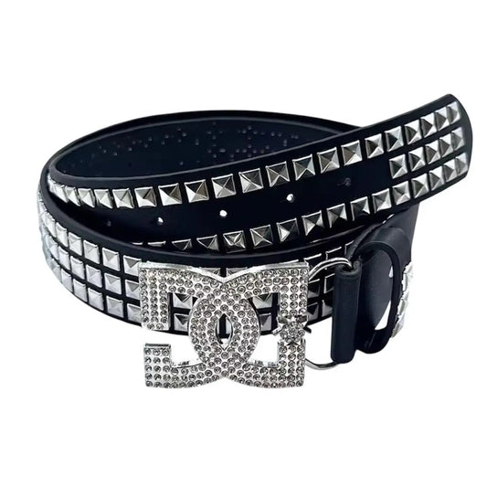 Rhinestone logo studded belt with metallic studs and sparkling rhinestones, black leather strap, RetailPlug fashion accessory