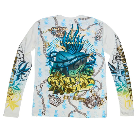 Heart Breaker long sleeve tee by RetailPlug featuring Y2K style metallic graphics and a crew neck, made of 100% cotton for men.